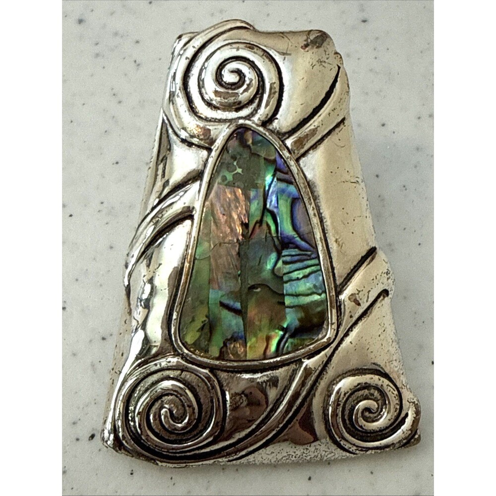 Vintage Rainbow Abalone Enamel Scarf Clip Silver Tone Abstract Artisan Design